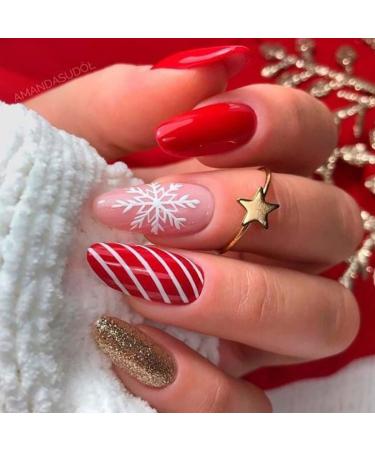Vatocu Christmas False Nails Short Red Press on Nails Snowflakes Elk Fake Nails Snowman Acrylic Stick on Nails for Women and Girls(24pcs)
