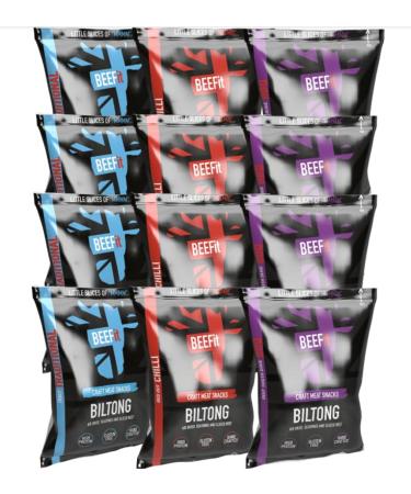 BEEFit Biltong Beef Jerky | Flavour Fest - Traditional Red Hot Chilli & BBQ | 12x30g (4 of Each Flavour) | High Protein | Gluten Free | Keto Friendly