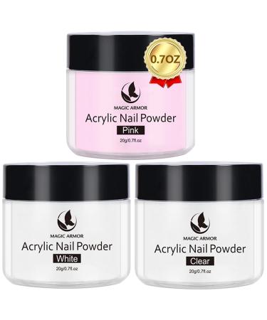 Magic Armor 3PCs Acrylic Powder Set Clear-Rosa White 20g acrylic powder for nails slow curing professional acrylic powder and acrylic liquid for 3D French nail manicure extension DIY NADARYLYL powder 60g