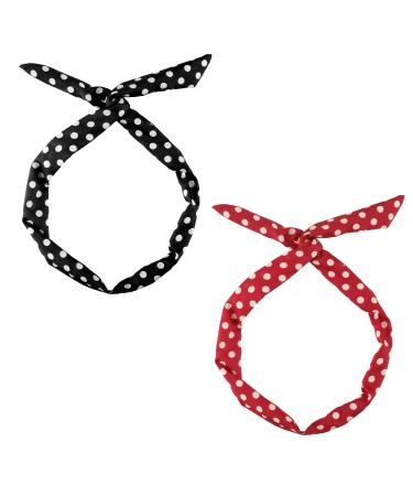 Set of 2 Polka Dot Hair Bands for Girls and Women - Retro 50s Style Bandana - Vintage Adjustable Christmas Headband in Soft Cotton (Red Black)