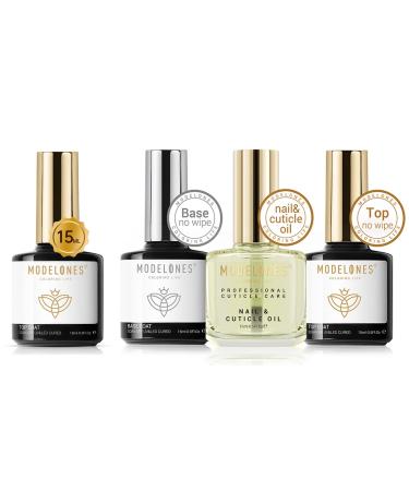 modelones 4Pcs 15ml No wipe Gel Base and Top Coat with Cuticle Oil Set