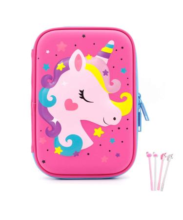 Pencil Case for Girls, 3D Cute EVA Unicorn Pen Pouch Stationery Box Anti-Shock Large Capacity Multi-Compartment for School with 4 unicorn pens Unicorn2 pink