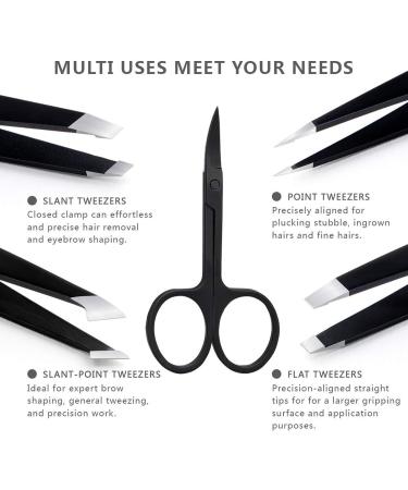5 in 1 Stainless Steel Tweezers Set for Precision Hair Removal - Includes Eyebrow Scissors - Black Tweezers for Ingrown Hair, Splinters - Buy Online on SooperMarket.com