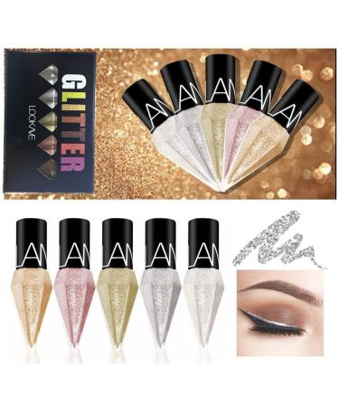 Go Ho Glitter Liquid Eyeliner Colorful Set 5 Colors Metallic Shimmer White Silver Gold Diamond Eye Liner Glitter Eyeliner Korean Makeup Waterproof Long Lasting Glow Eyeliner Sparkle Eyes Makeup Set 1