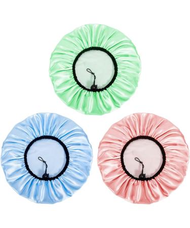 Auban Reusable Shower Cap for Women | Waterproof Satin Exterior | EVA Lining | Extra Large & Adjustable Hair Cap | 3 Colors (Blue, Pink, Green) - Buy Online on SooperMarket.com