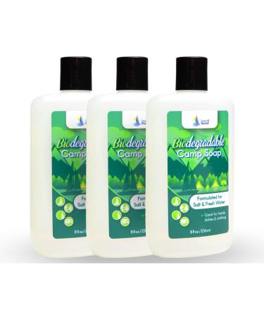 Direct 2 Boater Biodegradable Camp Soap, 8 oz (3 Pack) For Fresh & Salt Water, For Hands, Dishes & Clothing - Unscented Liquid Camp Soap