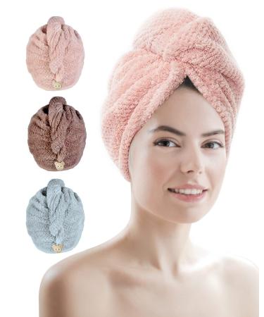 Rantizon Microfibre Hair Towel 3 Pack Super Absorbent Hair Towel Wrap with Button Design Extremely Soft Hair Wrap Towel Traveling Beach Excursions Sports Grey/Pink/Green Microfibre Towel