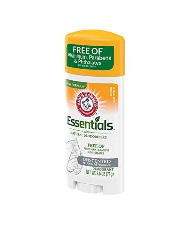 ARM & HAMMER Essentials Deodorant- Unscented- Solid Oval- Made with Natural Deodorizers- Free From Aluminum  Parabens & Phthalates  2.5 Oz
