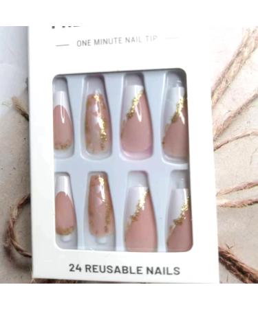 French Tip Press on Nails - Long Gold Foil Square Shape Reusable Gel Nails - 24 Pcs Glossy Nude Stick-On Nails for Women & Girls - Buy Online on SooperMarket.com