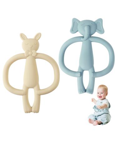 Clundoo 2 pieces of baby biting toys elephant & rabbit tooth aid bite ring for babies bite ring made of silicone dental aid biting toys for 3-24 months baby stimulates and massages Sore Gums