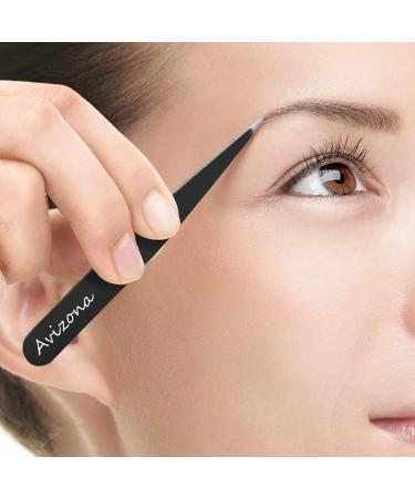 Avizona Set of 4 Precision Tweezers for Facial Hair - Professional Eyebrow Tweezers for Women & Men - Black Color Coated - Includes Leather Pouch - Buy Online on SooperMarket.com