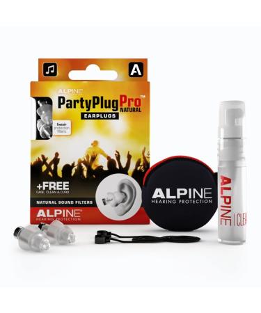 Alpine party plug pro hearing protection earplugs with linear damping for party music festival disco and concerts-more natural damping hypoallergenes with free cleaner-reusable pro natural pro-transparent