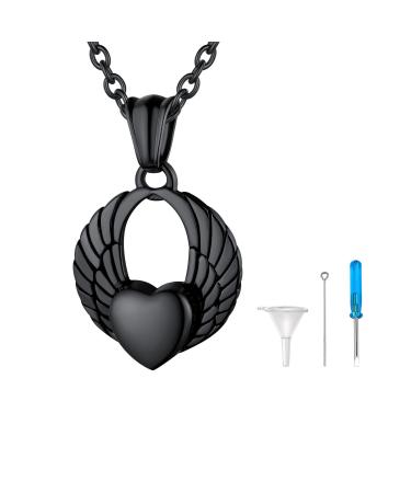 U7 women cremation urn necklace for ash cycle of life/Celtic knot/dog feet/wings/crucifix/cylinder urn chain stainless steel pendant chain fire burial jewelry for men wing-black not adaptable