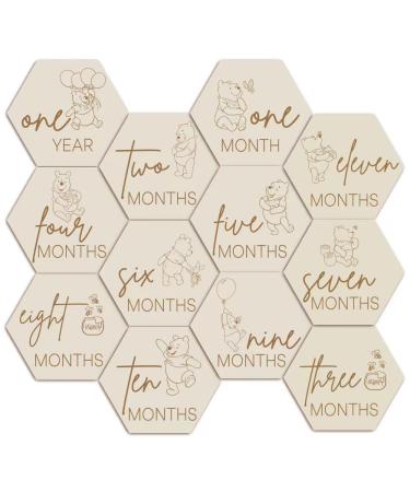 Winnie Baby Announcement Sign Newborn Sign Wooden Hexagon Announcement Sign For Photo Prop Baby Shower Nursery Gift(12PCS)