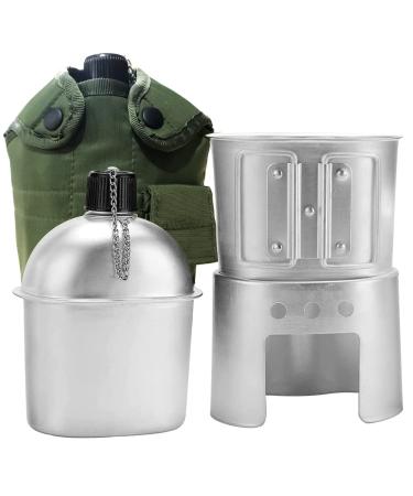 Water Canteen Cup Stove Pouch Set Portable Military Canteen with Cup for Outdoor Camping Survival Nature Experience Hiking Backpacking 4Pcs/Set