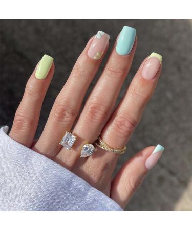Sethexy French Short Square False Nails Collection Fashion Press on Nails Glossy Fake Nails 24Pcs Acrylic Stick on Nail Tips Elder Flower