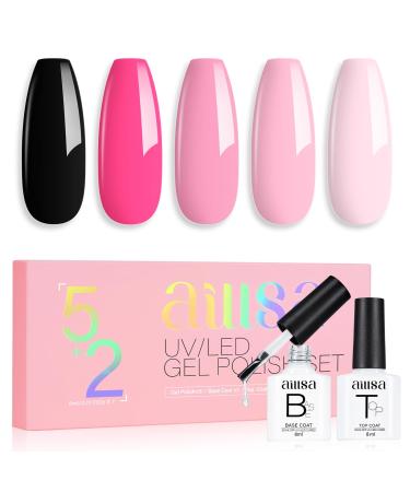AILLSA Hot Pink Gel Nail Polish Set Black Nude Baby Pink Gel Polish with Base and Top Coat Long Lasting Barbie All Season Color Soak Off U V L ED Manicure Art Salon DIY at Home 7Pcs 8ML Black Pink