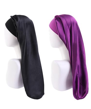 Ladaypoa long satin sleeping cap 2 pieces large sleeping hats for women long braids satin-sleep hat extra large sleeping cap with a wide elastic ribbon soft and convenient black + deep purple