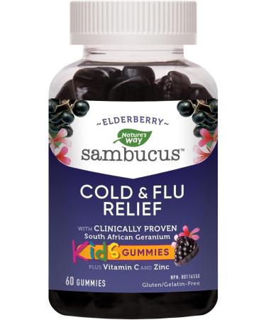 Nature's Way Sambucus Cold and Flu Relief Elderberry Gummies for Kids Used in Herbal Medicine to Help Relieve Symptoms (Cough Runny Nose and Sore Throat) in Children age 3+ 60 Gummies