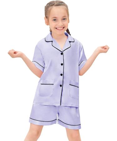 SWOMOG Kids Satin Pyjamas Set | 2 Piece Button-Down Pjs | Short Sleeve Silk Nightwear for Girls Boys | Ages 6-7 | Lavender - Buy Online on SooperMarket.com