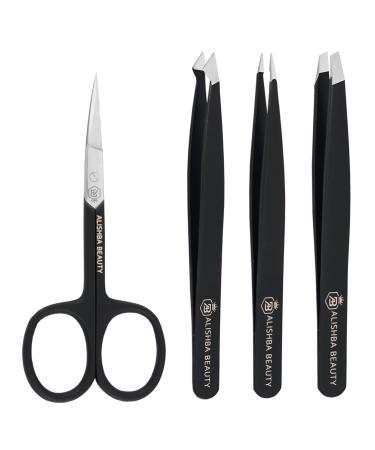 Alishba Beauty Eyebrow & Ingrown Hair Removal Tweezers & Scissor Plucking Tweezers for Men  Women & Kids  Stainless Steel (Set of Three Tweezer & one Scissor) (BLACK)