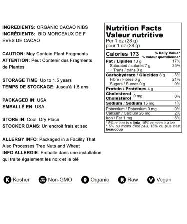Organic Cacao Nibs 1 Pound - Unsweetened, Non-GMO, Kosher, Raw - Vegan Sirtfood Superfood - Bulk Cacao Nibs (Pack of 1) - Buy Online on SooperMarket.com