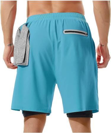 TENJOY Men's 2 in 1 Running Shorts - Quick Dry Athletic Workout Shorts with Phone Pockets (Light Blue, Large) - Buy Online on SooperMarket.com