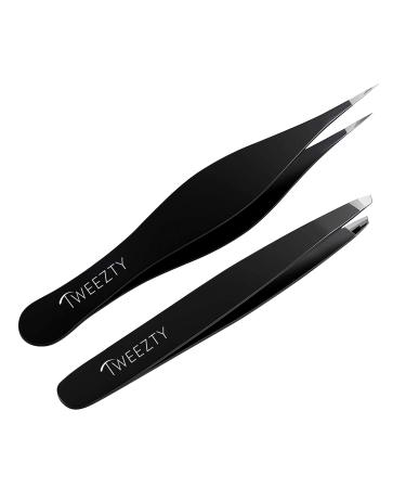 Tweezty Tweezer Set of Slanted Tweezers and Precision Tweezers - Stainless Steel Pointed Tweezers for Ingrown Hair  Eyebrow Plucking  and Blackhead and Splinter Removal