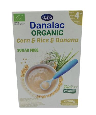 DANALAC Organic Baby Cereal (Corn Rice Banana) 200 Gram Porridge Sugar Free 6 Months Plus (Pack of 1) 200 g (Pack of 1)