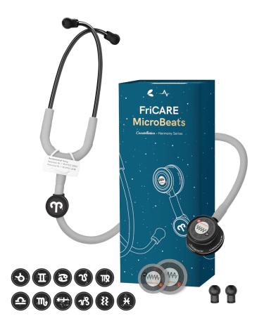 FriCARE Dual-sided Stethoscope - Lightweight Stethoscopes for Nurse/Doctor On Duty with 2 Tunable Diaphragms - EMT Essentials for Work MicroBeats Harmony with 12 Zodiac Tags Black Chestpiece 31.5'' Silver Mist
