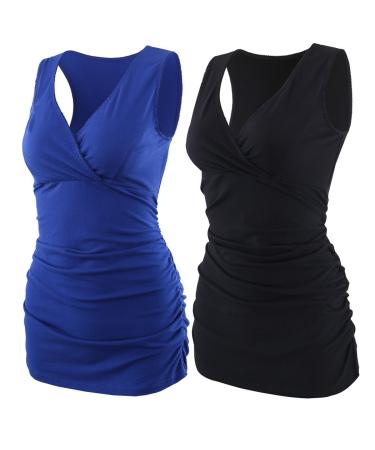 ZUMIY Maternity Nursing Top Pregnant Breastfeeding Shirt Women's Cotton V Neck Ruched Waist Double Layered Tank M Black+blue/2-pk