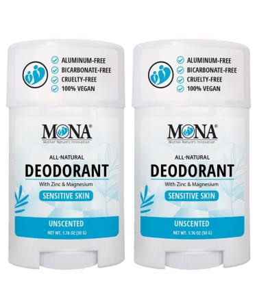 MONA BRANDS All Natural Deodorant For Women & Men | For Sensitive Skin | No Aluminum or Baking Soda | (2-Pack UNSCENTED 1.76 Oz each)