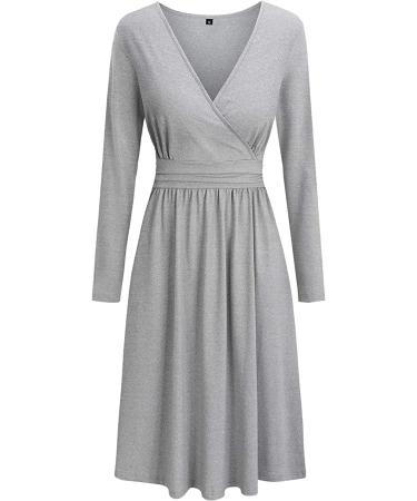 OUGES Women's Spring Casual Midi Dress | Long Sleeve V-Neck Floral Wrap Dress XL Light Gray - Buy Online on SooperMarket.com