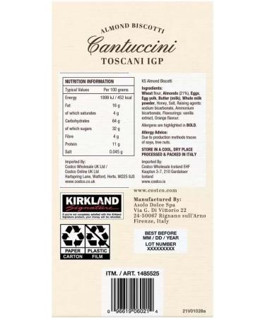Kirkland Signature Almond Biscotti Cantuccini Toscani IGP Italy Biscuit Pack 1kg - Buy Online on SooperMarket.com