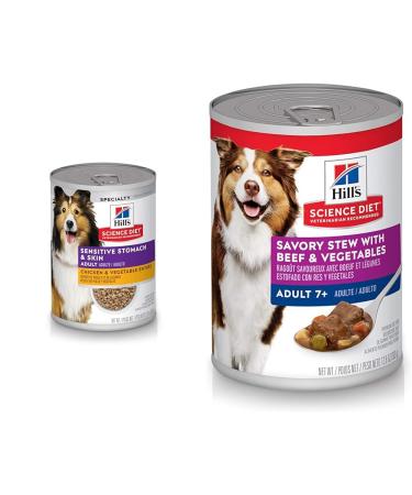 Hill's Science Diet Adult Sensitive Stomach & Skin Canned Dog Food Chicken & Vegetable Entr e & Senior 7+ Canned Dog Food Savory Stew with Beef & Vegetables 12.8 oz 12 Pack wet dog food