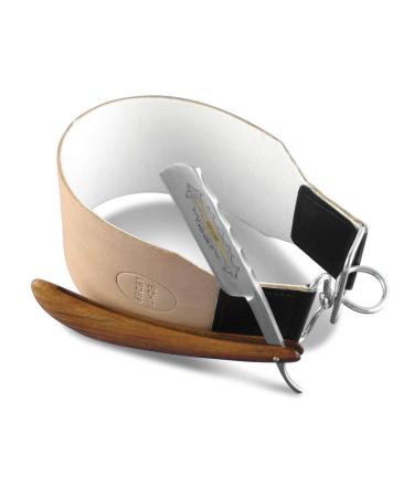 Beginet razor set with an extra wide leather linen professional string straps and a razor with golden estation and wooden handle