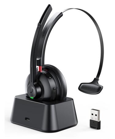 Tribit Bluetooth Headset, Wireless Headset with Microphone Qualcomm CVC 8.0 AI Noise Canceling for Trucker Office, 50H Talk Time Mute Button Headset with Adapter for Computer Cell Phones, CallElite81 BLACK Standard