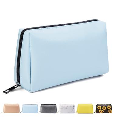 Small Makeup Bag for Purse, MAANGE Makeup Bag Waterproof PU Leather Makeup Pouch with Zipper Storage Cosmetic Bag for Women and Girls Make up Bag Travelling(Light Blue)