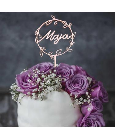Personalized Wooden Cake Topper with Name - Custom Birthday Wedding Baptism & Communion Cake Decoration (Flower Wreath) - Buy Online on SooperMarket.com