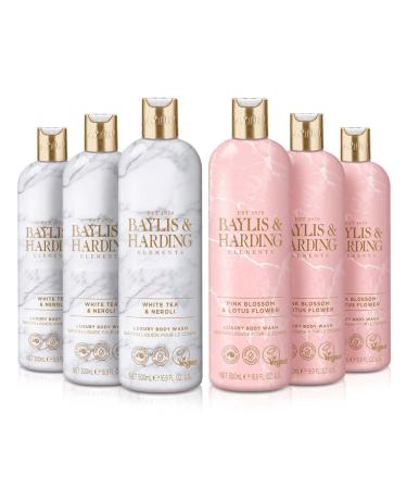 Baylis & Harding Elements Body Wash Bundle: 3 x 500 ml White Tea & Neroli & 3 x 500 ml Pink Blossom & Lotus Flower (6 bottles) - Vegan Friendly