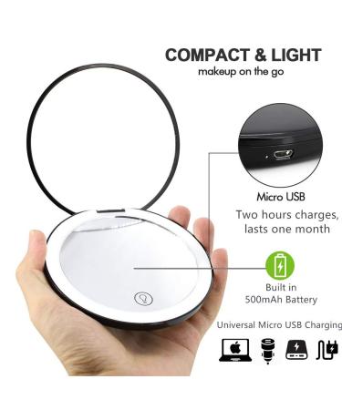 Portable Lighted LED Makeup Mirror 7X/1X Magnification | USB Rechargeable Compact Vanity Mirror with Dimmable Lights - Black - Buy Online on SooperMarket.com