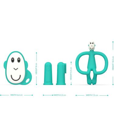 Matchstick Monkey Antimicrobial Teething Starter Set - Green Monkey Set for Babies 3 Months+, Includes 1 Flat Face Teether, 1 Animal Teether, and 2 Silicone Finger Toothbrushes - Buy Online on SooperMarket.com