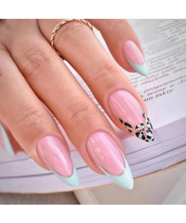 JUSTOTRY 24 Pcs Leopard Stiletto False Nails Medium Pale Blue French Press on Nails Pattern Nude Fake Nails Short with Nail Glue Almond Stick on Nails for Women Nails Fake Nail for Nails Art blue&Leopard1
