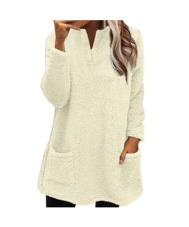 AMhomely Ladies Womens Soft Teddy Fleece Hooded Jumper Plus Size Double Fleece Casual Hoodies With Pocket V Neck Soft Fleece Hooded Sweatshirts Plain Pullover Tops Winter Lightweight Lounge Tops 04 Beige S