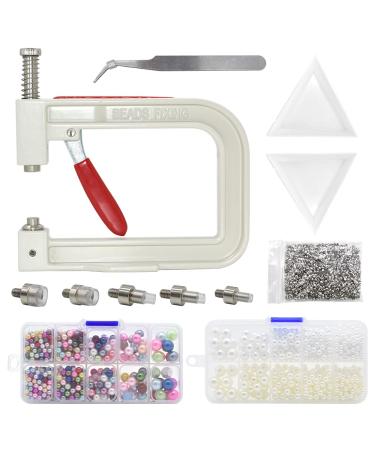 Pearl Setting Hand Press Machine Tools with 2 Boxes of 5 Sizes Colorful no Holes Round Pearls Beads and Rivet Studs, Screw Heads Tweezers for DIY Crafts