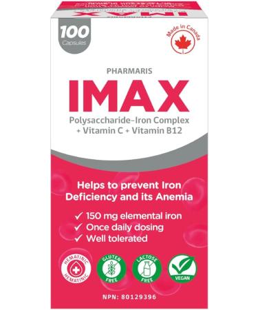 Pharmaris IMAX 150 mg Iron Supplement 250 mg Vit C 1000 mcg Vit B12 100 Capsules Effective iron pills for Iron deficiency Anemia Once Daily Dosing - Buy Online on SooperMarket.com