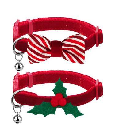 azuza 2 Pack Plaid Pattern Cat Collar Breakaway with Bell and Removable Bowtie Cat Collar Adjustable Cat and Kitten Collars Cat(Neck:8"-12") 1#Holly and Bowtie