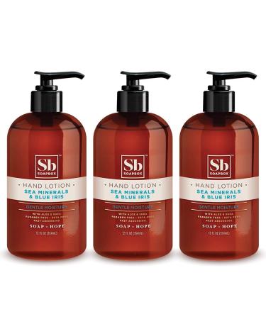 Soapbox Hand Lotion, Moisturizing Hand & Body Cream with Sea Minerals & Blue Iris, Beautifully Scented, Vegan, Natural & Cruelty Free Hydrating Hand Lotion for Dry Skin, 3 Pack 12oz Pump Bottles
