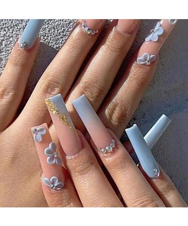 Brishow Coffin False Nails Long Fake Nails Blue Flower Press on Nails Ballerina Acrylic Stick on Nails 24pcs for Women and Girls