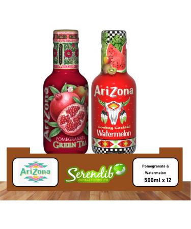 Arizona Green Tea Pomegranate & Watermelon Flavours 500ml Each (Pack of 12)